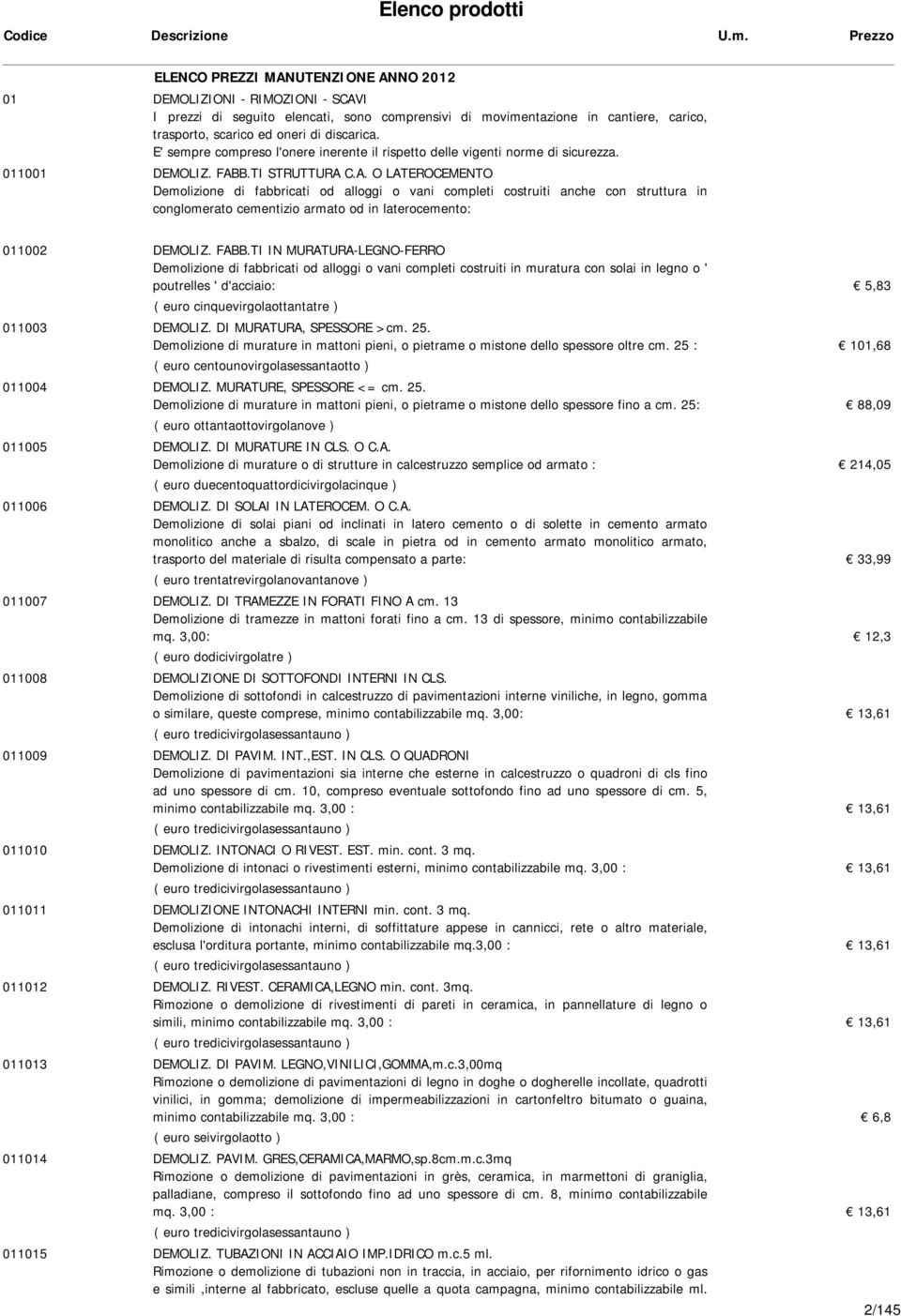 B.TI STRUTTURA C.A. O LATEROCEMENTO Demolizione di fabbricati od alloggi o vani completi costruiti anche con struttura in conglomerato cementizio armato od in laterocemento: 011002 DEMOLIZ. FABB.