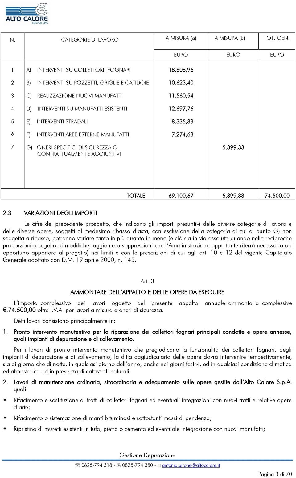 STRADALI F) INTERVENTI AREE ESTERNE MANUFATTI 18.608,96 10.623,40 11.560,54 12.697,76 8.335,33 7.274,68 7 G) ONERI SPECIFICI DI SICUREZZA O CONTRATTUALMENTE AGGIUNTIVI 5.399,33 TOTALE 69.100,67 5.