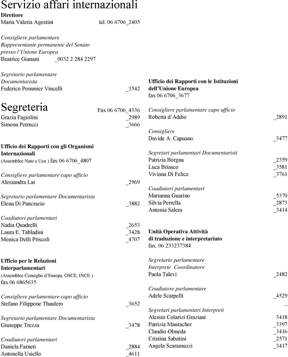 _3542 Segreteria Fax 06 6706_4336 Grazia Fagiolini _2989 Simona Petrucci _3666 Ufficio dei Rapporti con gli Organismi Internazionali (Assemblee Nato e Ueo ) fax 06 6706_4807 Consigliere parlamentare