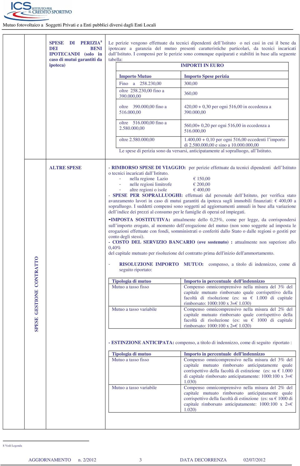 I compensi per le perizie sono comunque equiparati e stabiliti in base alla seguente tabella: IMPORTI IN EURO Importo Mutuo Importo Spese perizia Fino a 258.230,00 300,00 oltre 258.