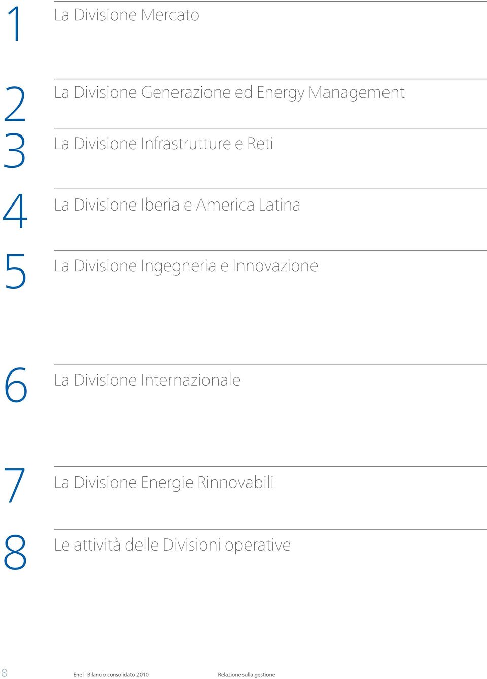 e Innovazione 6 La Divisione Internazionale 7 La 8 Le Divisione Energie Rinnovabili