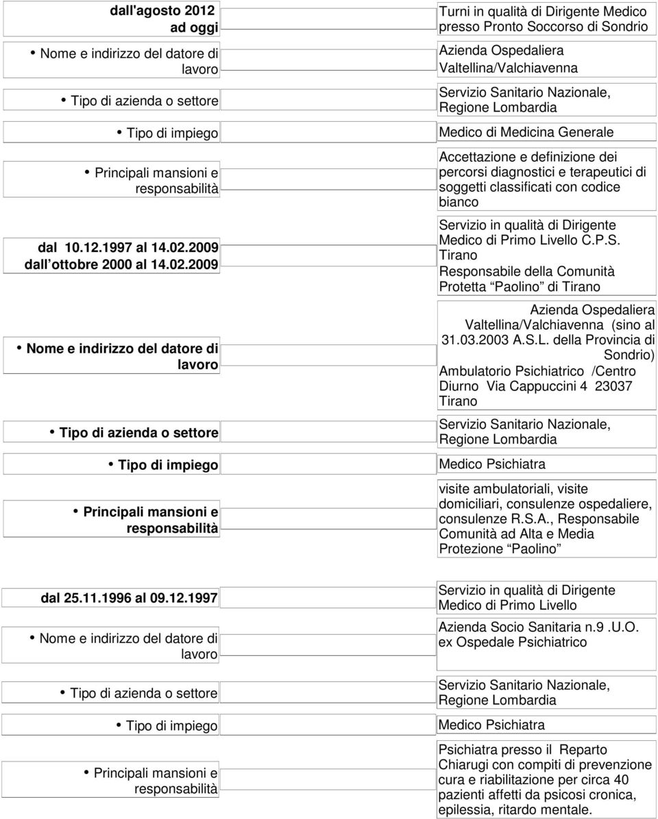 2009 Turni in qualità di Dirigente Medico presso Pronto Soccorso di Sondrio Azienda Ospedaliera Valtellina/Valchiavenna Medico di Medicina Generale Accettazione e definizione dei percorsi diagnostici