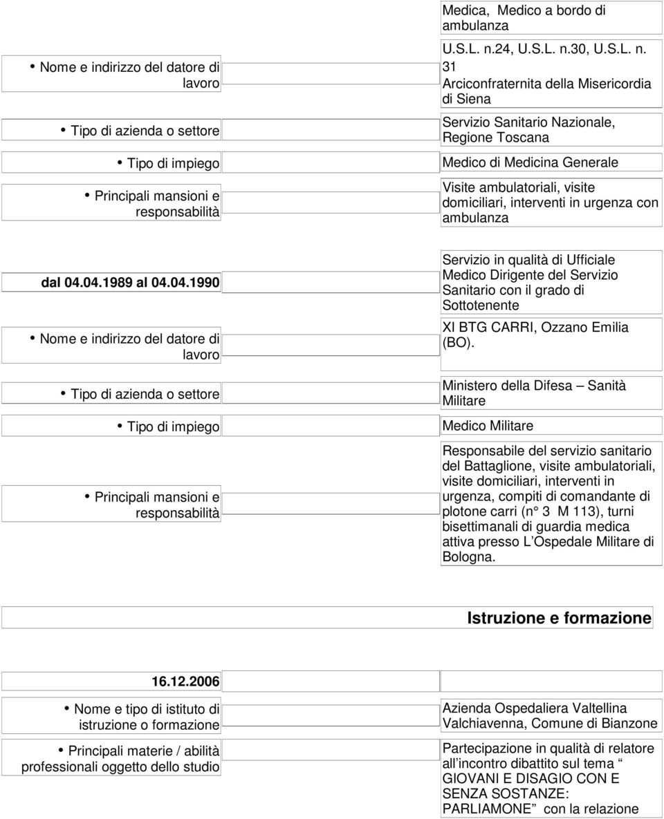 04.1989 al 04.04.1990 Servizio in qualità di Ufficiale Medico Dirigente del Servizio Sanitario con il grado di Sottotenente XI BTG CARRI, Ozzano Emilia (BO).