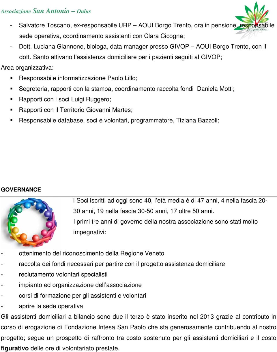 Santo attivano l assistenza domiciliare per i pazienti seguiti al GIVOP; Area organizzativa: Responsabile informatizzazione Paolo Lillo; Segreteria, rapporti con la stampa, coordinamento raccolta