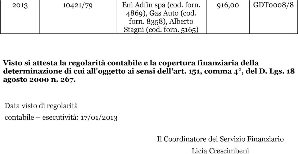 della determinazione di cui all'oggetto ai sensi dell'art. 151, comma 4, del D. Lgs.