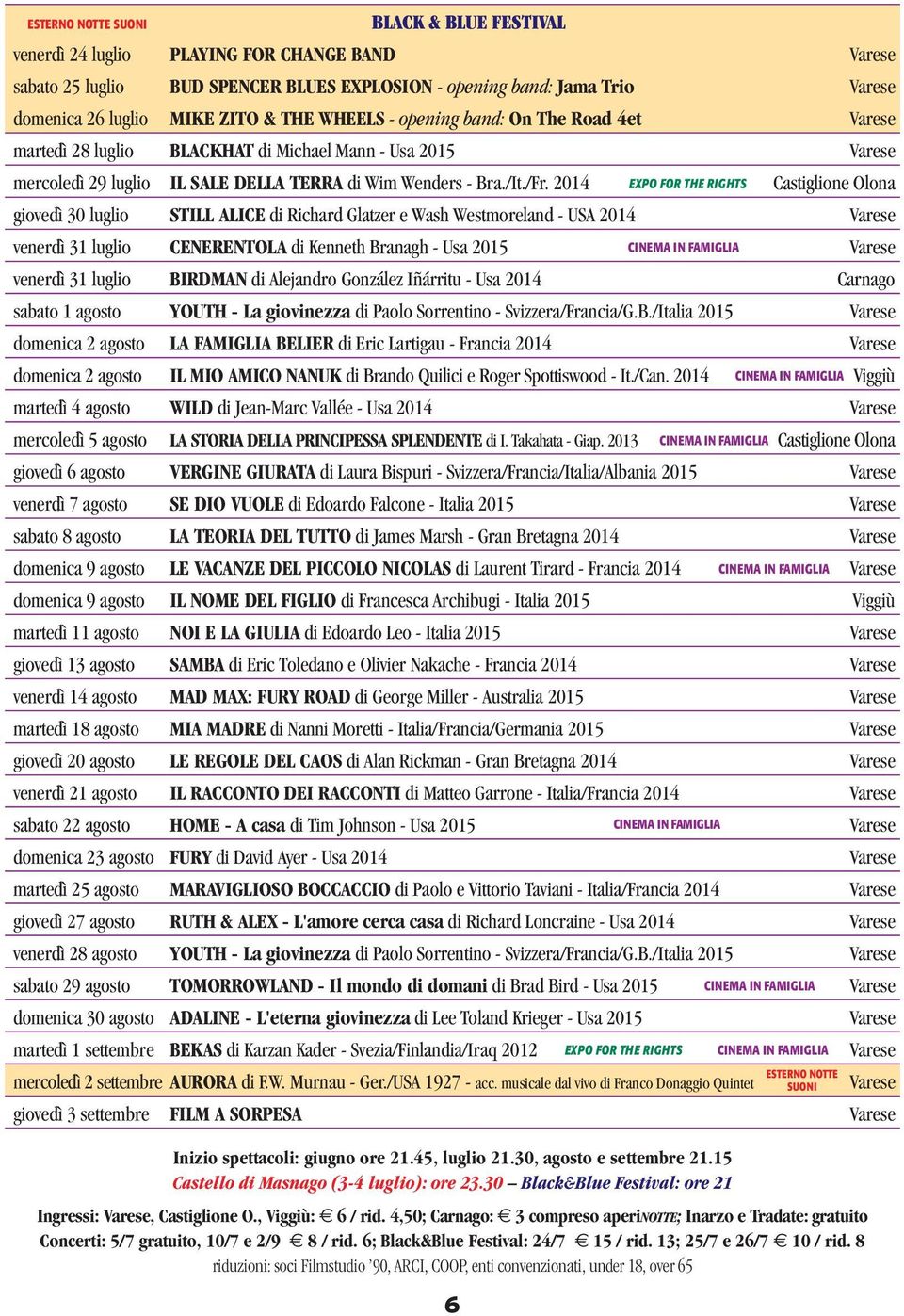 2014 EXPO FOR THE RIGHTS Castiglione Olona giovedì 30 luglio STILL ALICE di Richard Glatzer e Wash Westmoreland - USA 2014 Varese venerdì 31 luglio CENERENTOLA di Kenneth Branagh - Usa 2015 CINEMA IN