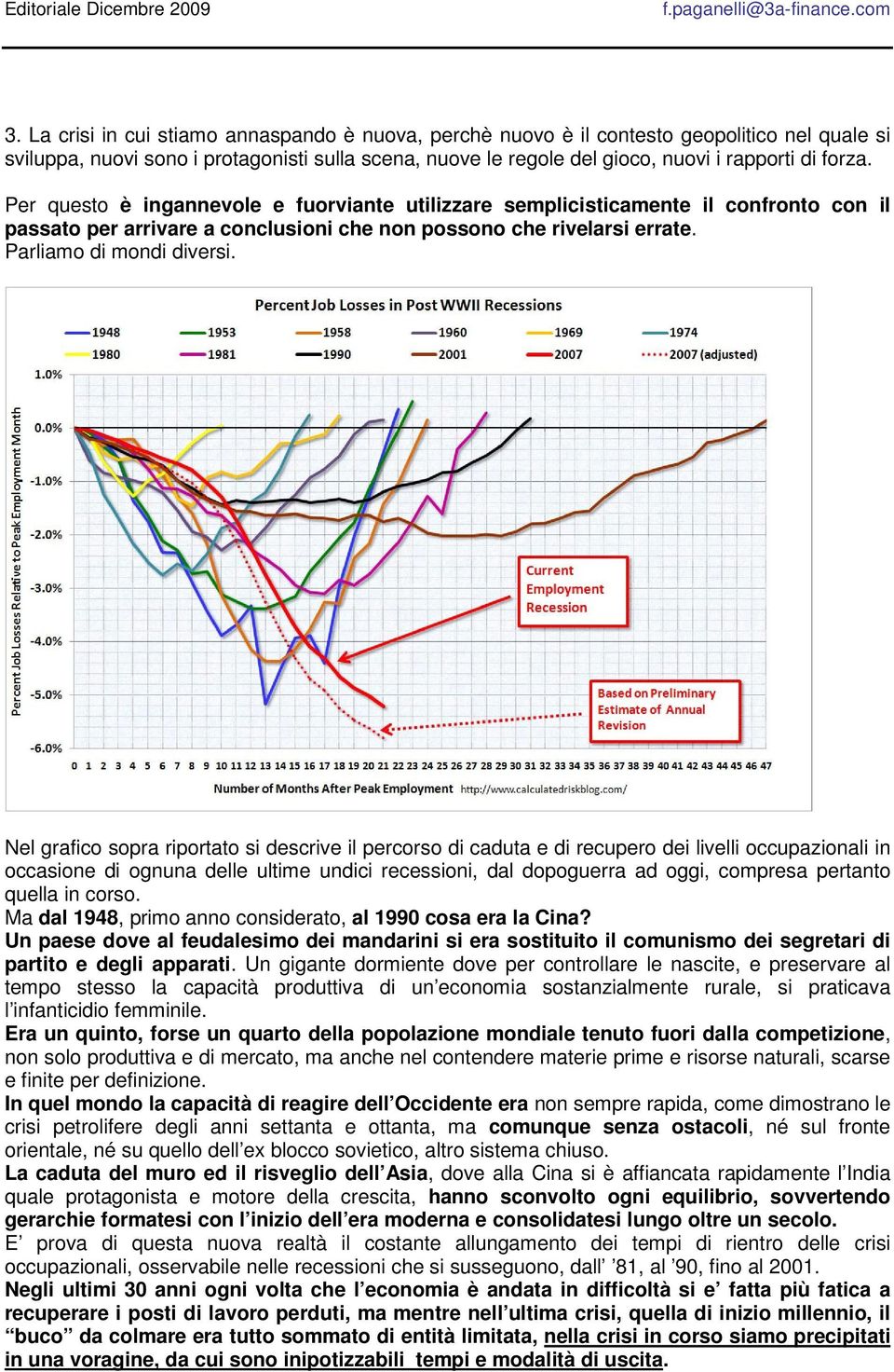 Nel grafico sopra riportato si descrive il percorso di caduta e di recupero dei livelli occupazionali in occasione di ognuna delle ultime undici recessioni, dal dopoguerra ad oggi, compresa pertanto