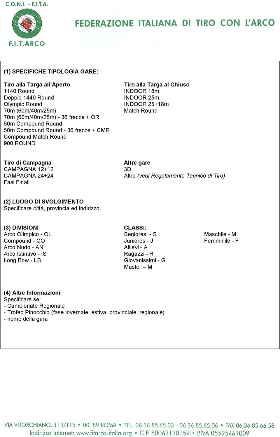 (vedi Regolamento Tecnico di Tiro) (2) LUOGO DI SVOLGIMENTO Specificare città, provincia ed indirizzo.