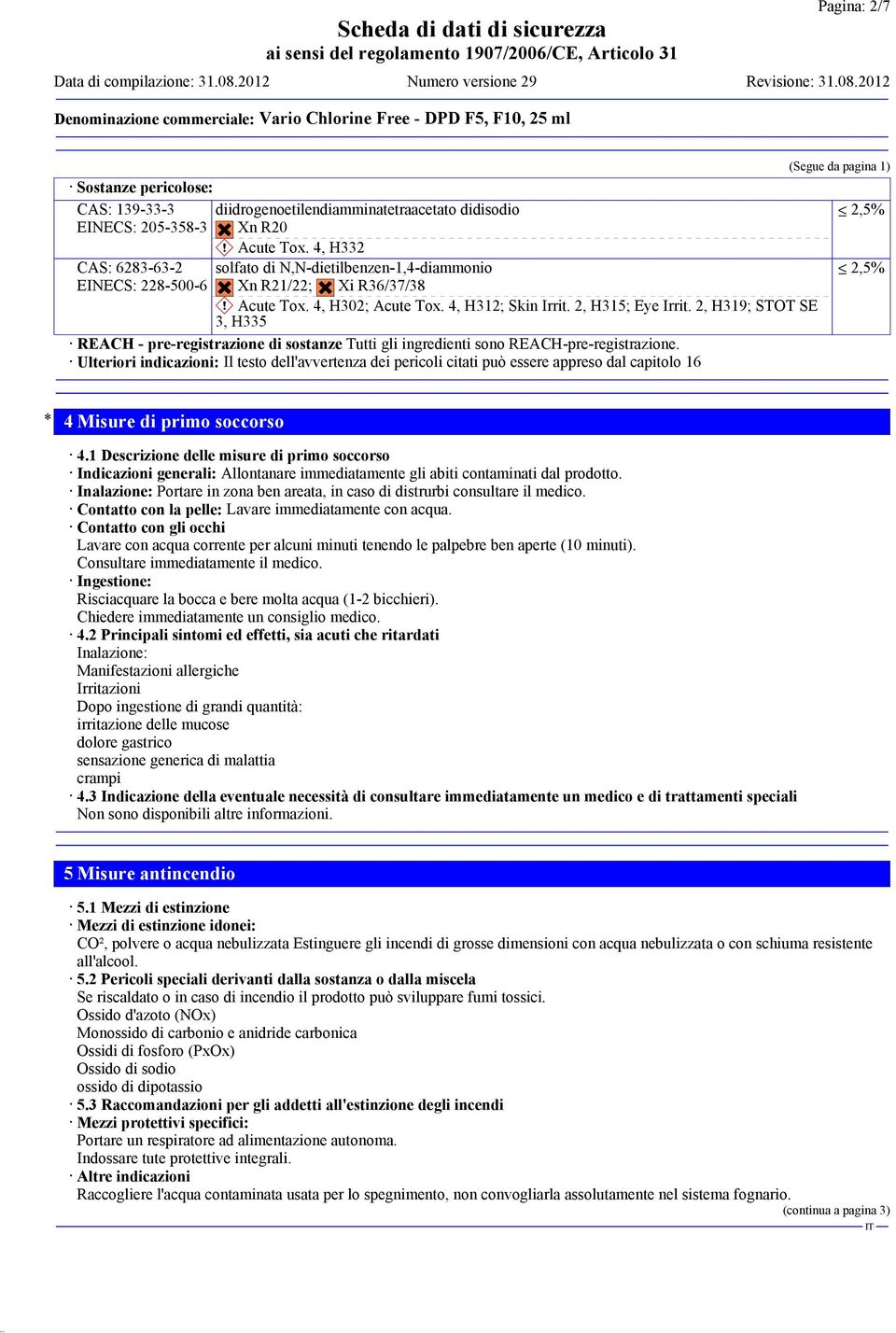 2, H319; STOT SE 3, H335 REACH - pre-registrazione di sostanze Tutti gli ingredienti sono REACH-pre-registrazione.