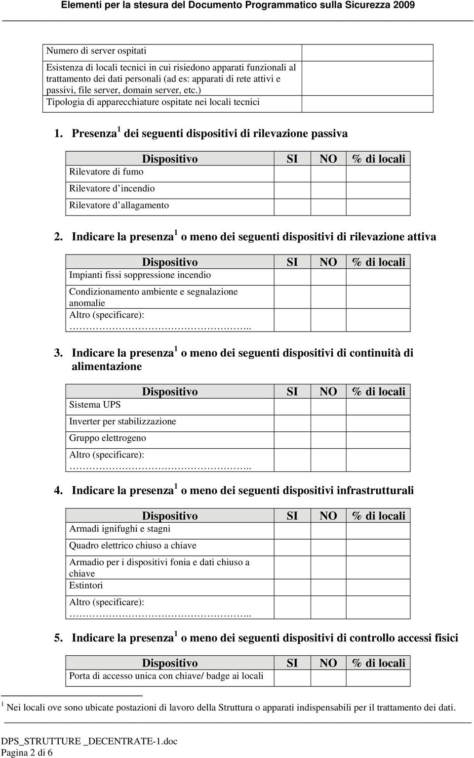 Indicare la presenza 1 o meno dei seguenti dispositivi di rilevazione attiva Impianti fissi soppressione incendio Condizionamento ambiente e segnalazione anomalie 3.