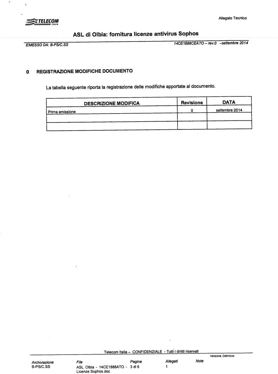 TELECOM Allegato Tecnico Archiviazione EMESSO DA: BPS/C.SS I4CEI888CEATQ rev.