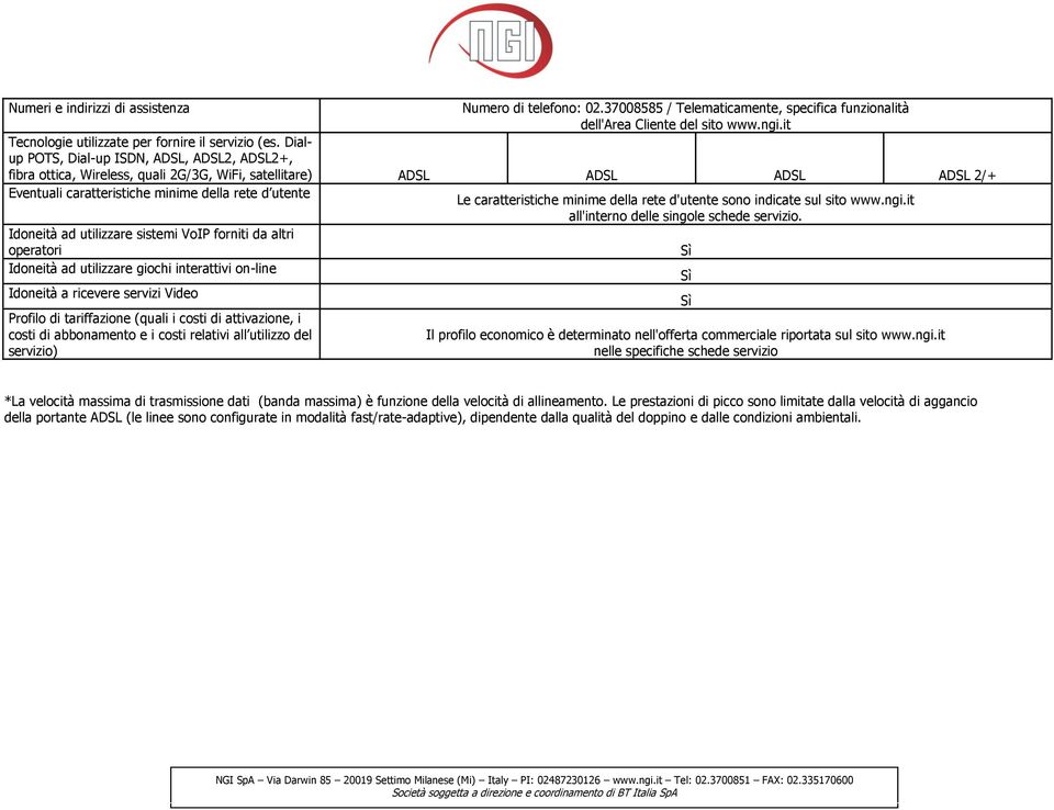 minime della rete d'utente sono indicate sul sito www.ngi.it all'interno delle singole schede servizio.