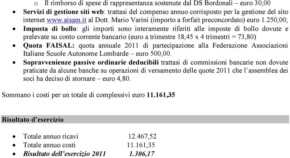 250,00; Imposta di bollo: gli importi sono interamente riferiti alle imposte di bollo dovute e prelevate su conto corrente bancario (euro a trimestre 18,45 x 4 trimestri = 73,80) Quota FAISAL: quota