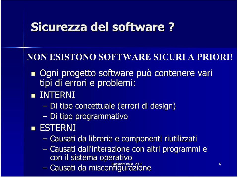 concettuale (errori di design) Di tipo programmativo ESTERNI Causati da librerie e componenti