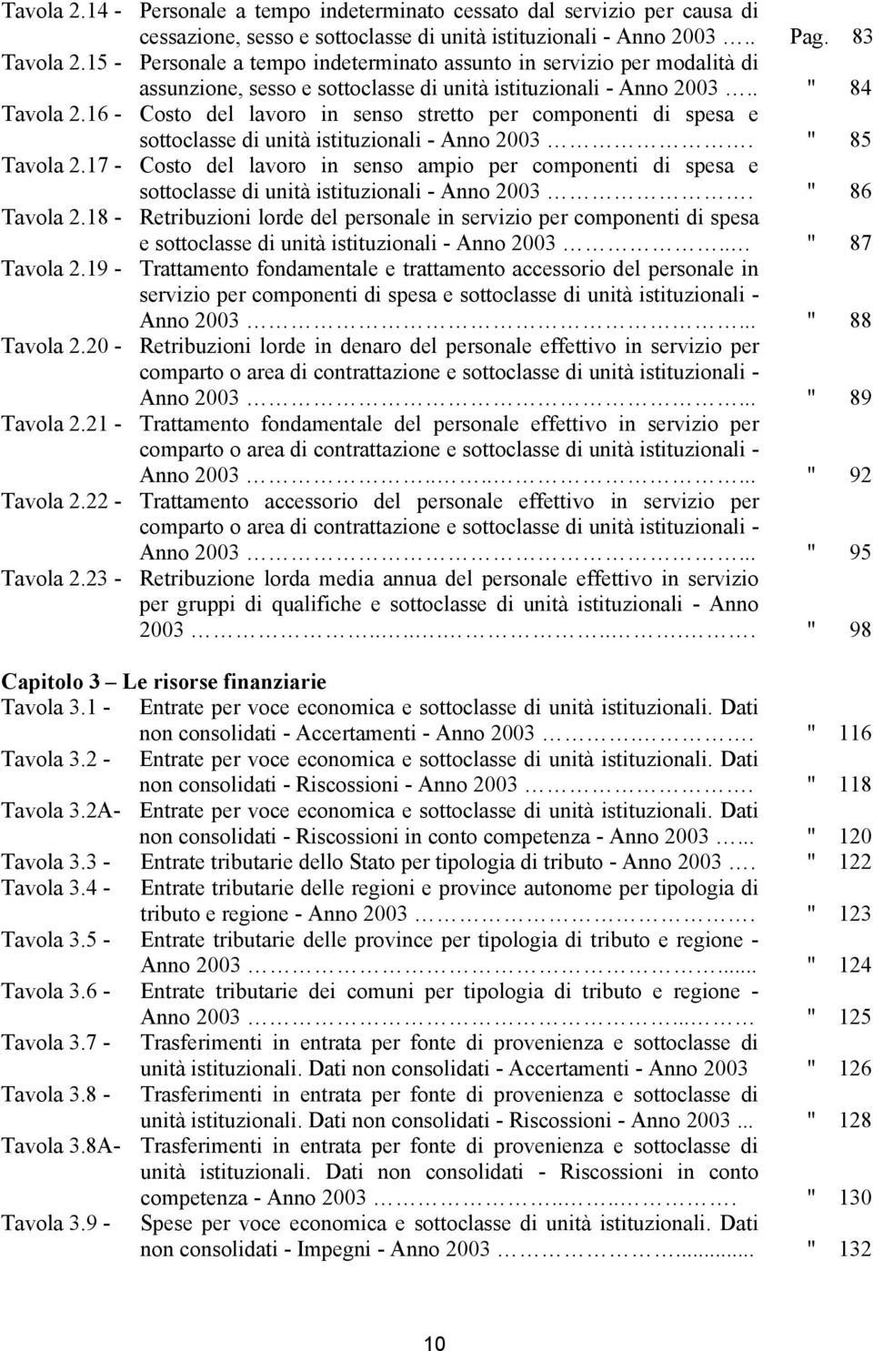 16 - Costo del lavoro in senso stretto per componenti di spesa e sottoclasse di unità istituzionali - Anno 2003. " 85 Tavola 2.