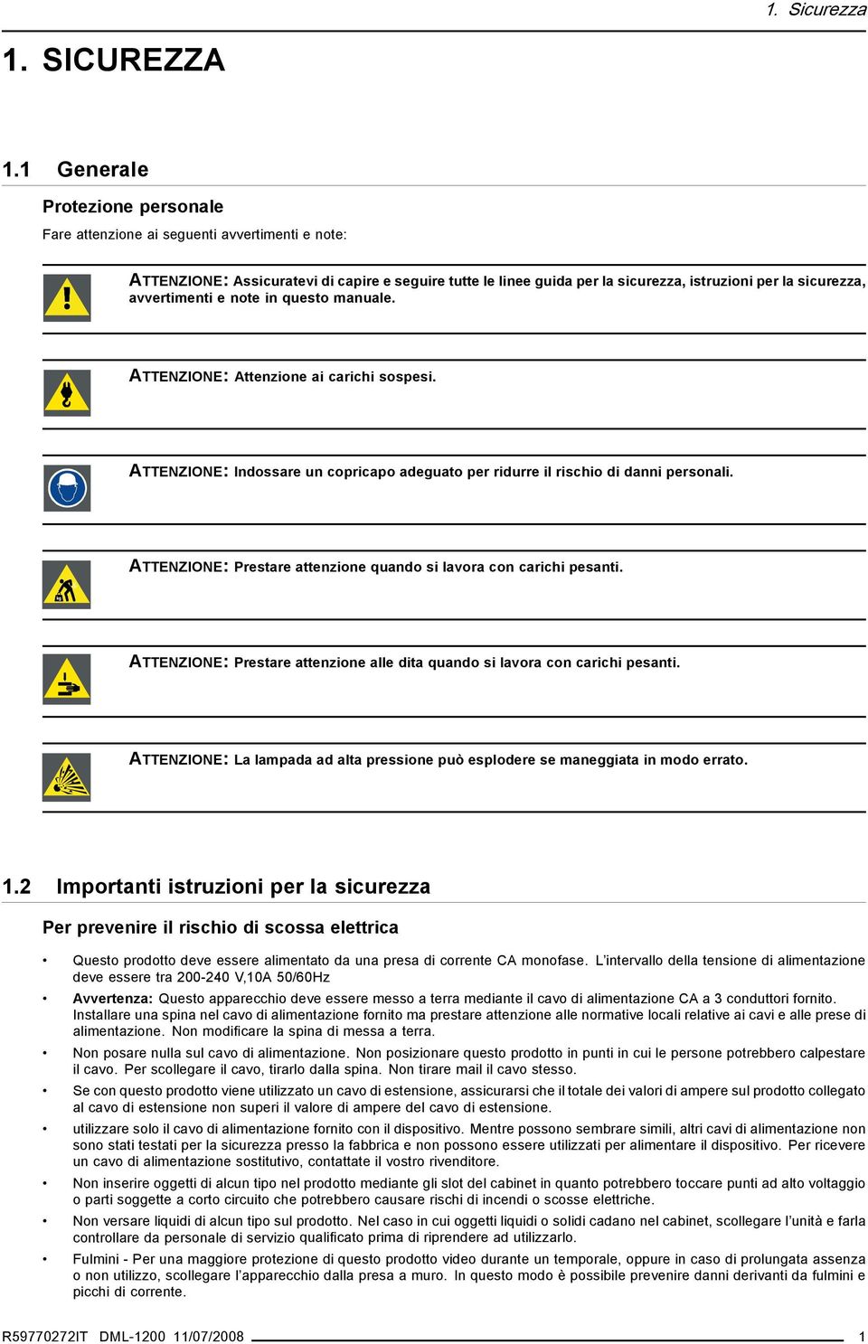 avvertimenti e note in questo manuale. ATTENZIONE: Attenzione ai carichi sospesi. ATTENZIONE: Indossare un copricapo adeguato per ridurre il rischio di danni personali.