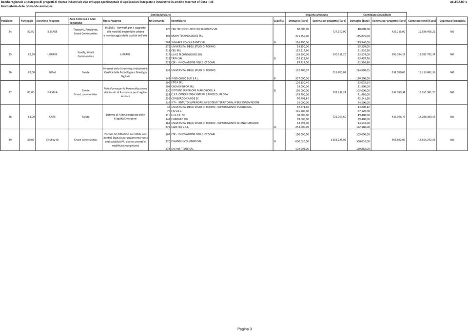 [Euro] Somma per progetto [Euro] Dettaglio [Euro] Somma per progetto [Euro] Contatore fondi [Euro] Copertura finanziaria B.