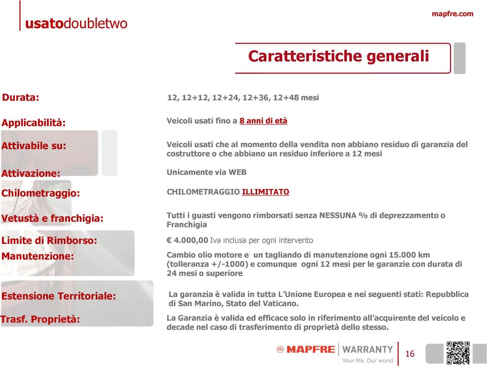 Proprietà: 12, 12+12, 12+24, 12+36, 12+48 mesi Veicoli usati fino a 8 anni di età Veicoli usati che al momento della vendita non abbiano residuo di garanzia del costruttore o che abbiano un residuo