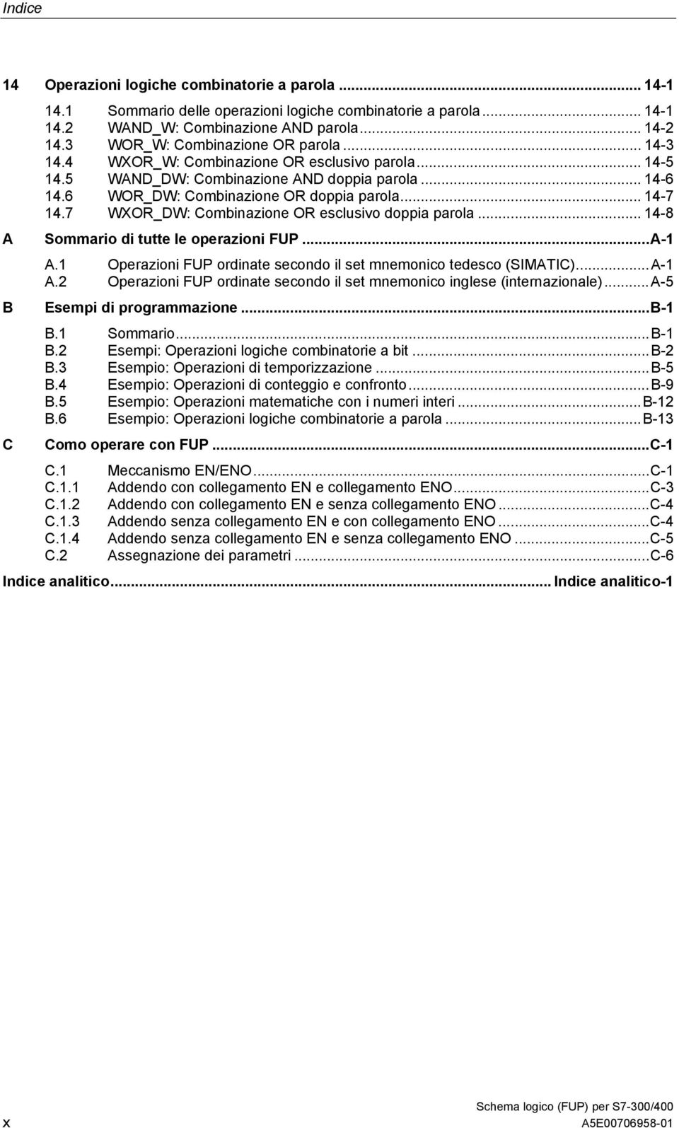 7 WXOR_DW: Combinazione OR esclusivo doppia parola... 14-8 Sommario di tutte le operazioni FUP...A-1 A.1 Operazioni FUP ordinate secondo il set mnemonico tedesco (SIMATIC)...A-1 A.2 Operazioni FUP ordinate secondo il set mnemonico inglese (internazionale).