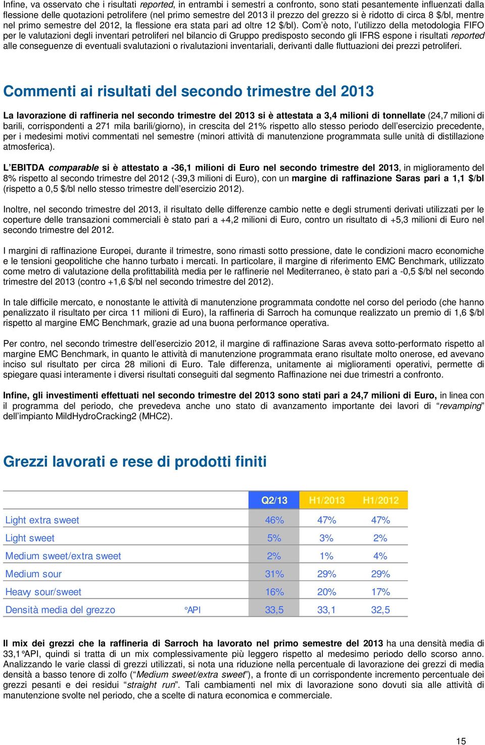 Com è noto, l utilizzo della metodologia FIFO per le valutazioni degli inventari petroliferi nel bilancio di Gruppo predisposto secondo gli IFRS espone i risultati reported alle conseguenze di