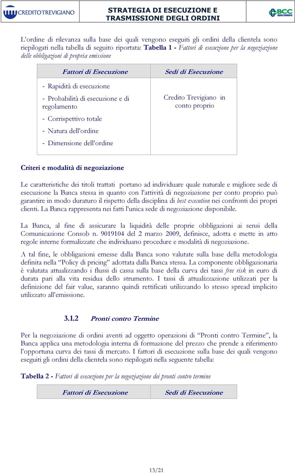 di Esecuzione Credito Trevigiano in conto proprio Criteri e modalità di negoziazione Le caratteristiche dei titoli trattati portano ad individuare quale naturale e migliore sede di esecuzione la