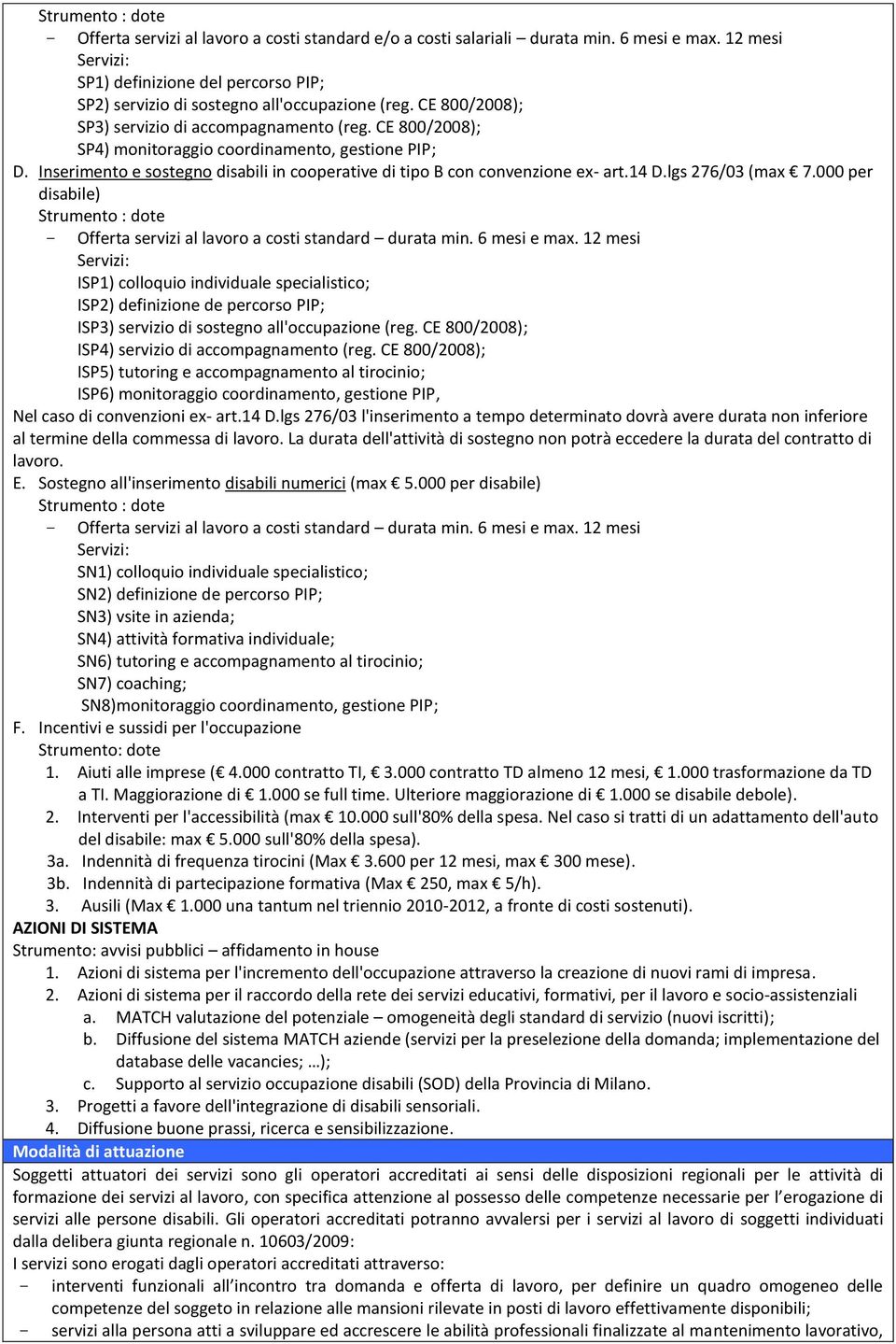 CE 800/2008); SP4) monitoraggio coordinamento, gestione PIP; D. Inserimento e sostegno disabili in cooperative di tipo B con convenzione ex- art.14 D.lgs 276/03 (max 7.