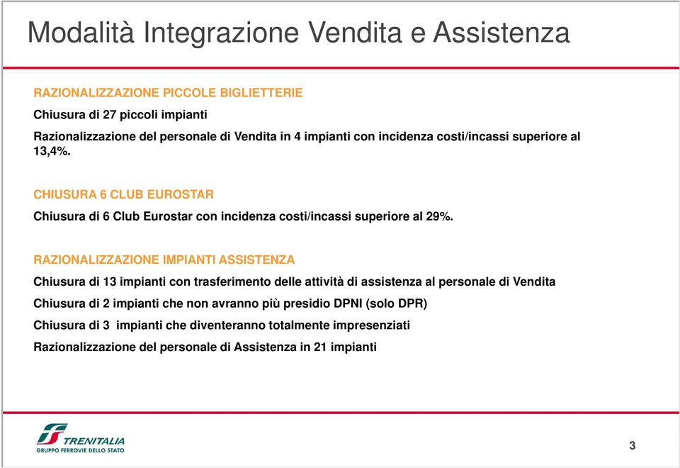 RAZIONALIZZAZIONE IMPIANTI ASSISTENZA Chiusura di 13 impianti con trasferimento delle attività di assistenza al personale di Vendita Chiusura di 2 impianti che