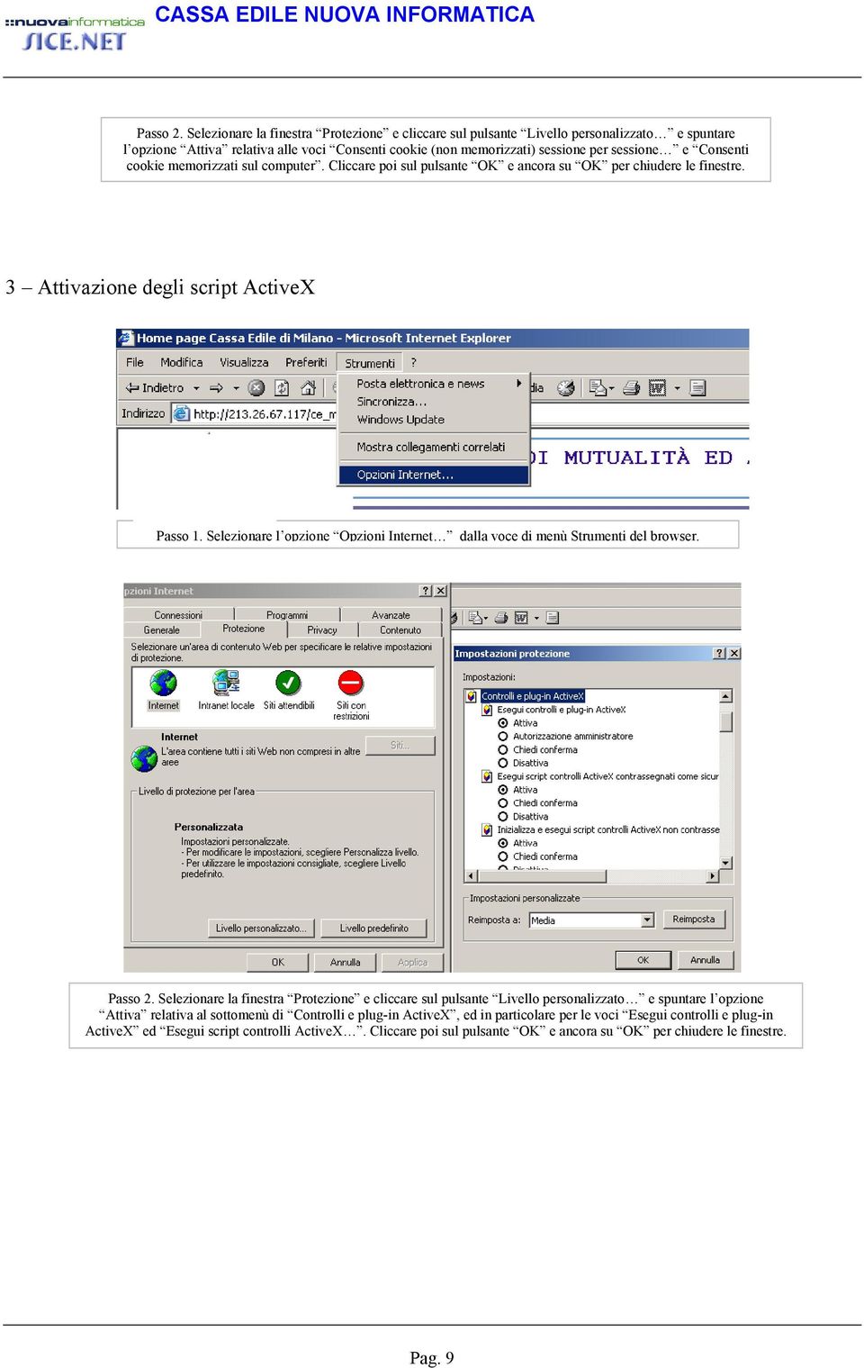 cookie memorizzati sul computer. Cliccare poi sul pulsante OK e ancora su OK per chiudere le finestre. 3 Attivazione degli script ActiveX Passo 1.