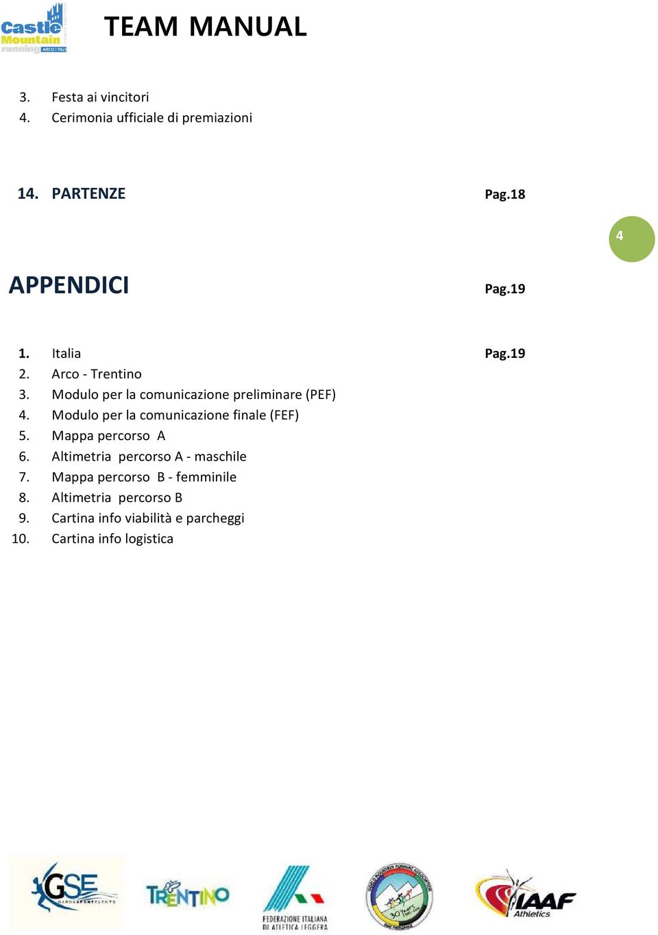 Modulo per la comunicazione finale (FEF) 5. Mappa percorso A 6. Altimetria percorso A - maschile 7.