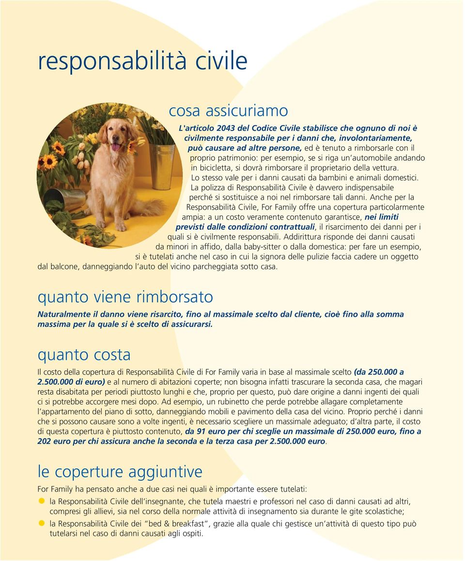 Lo stesso vale per i danni causati da bambini e animali domestici. La polizza di Responsabilità Civile è davvero indispensabile perché si sostituisce a noi nel rimborsare tali danni.