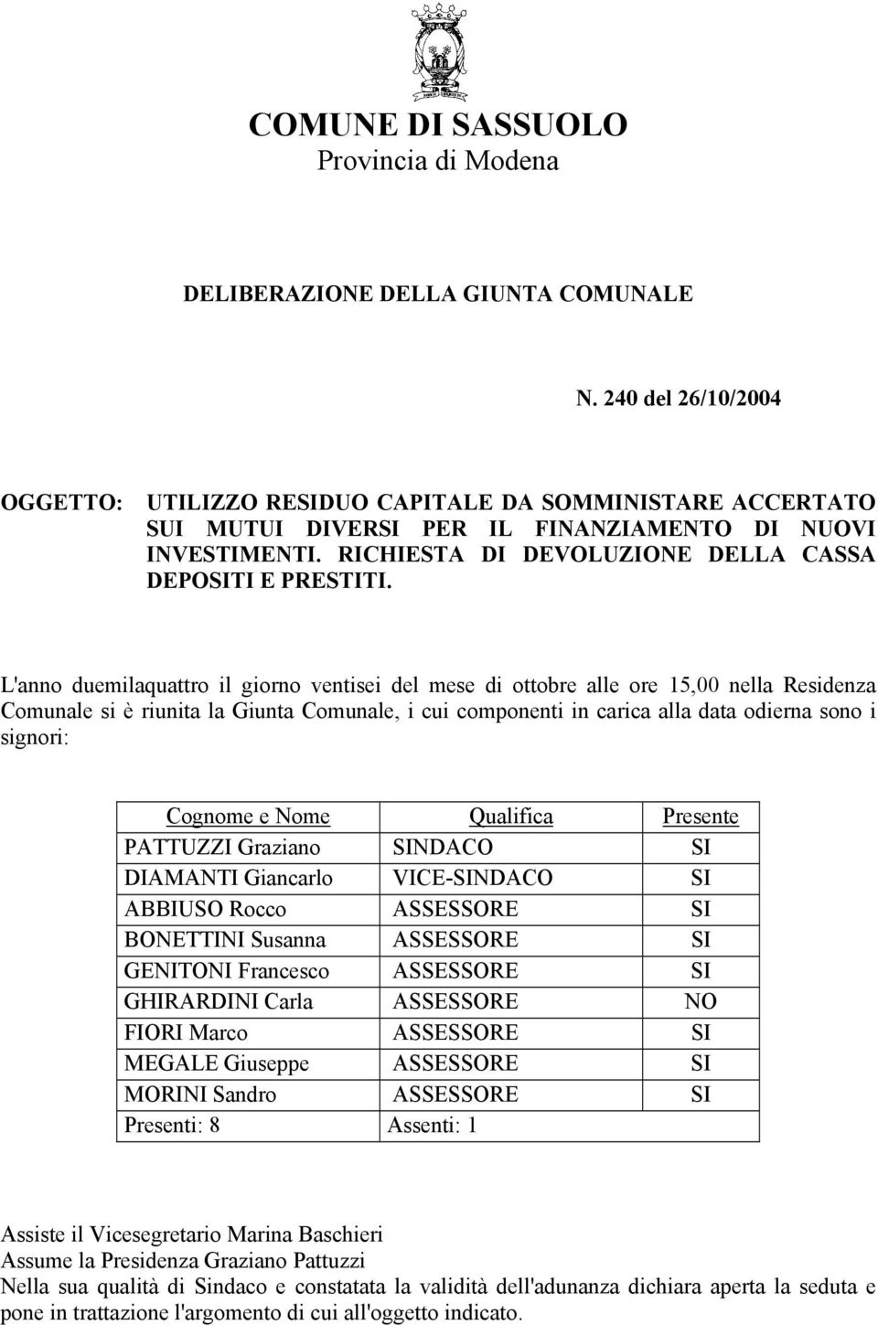 L'anno duemilaquattro il giorno ventisei del mese di ottobre alle ore 15,00 nella Residenza Comunale si è riunita la Giunta Comunale, i cui componenti in carica alla data odierna sono i signori: