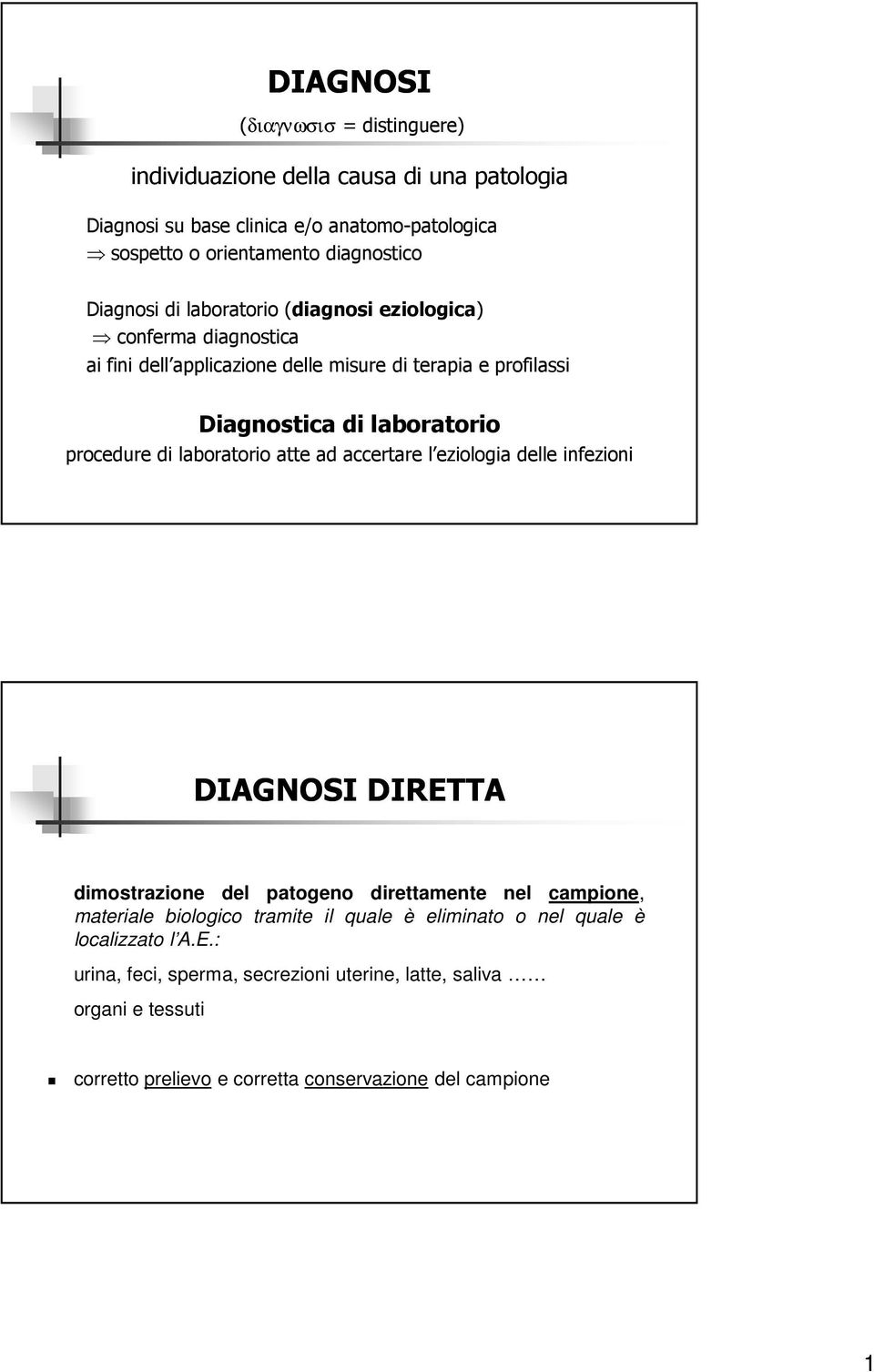 di laboratorio atte ad accertare l eziologia delle infezioni DIAGNOSI DIRETTA dimostrazione del patogeno direttamente nel campione, materiale biologico tramite il quale