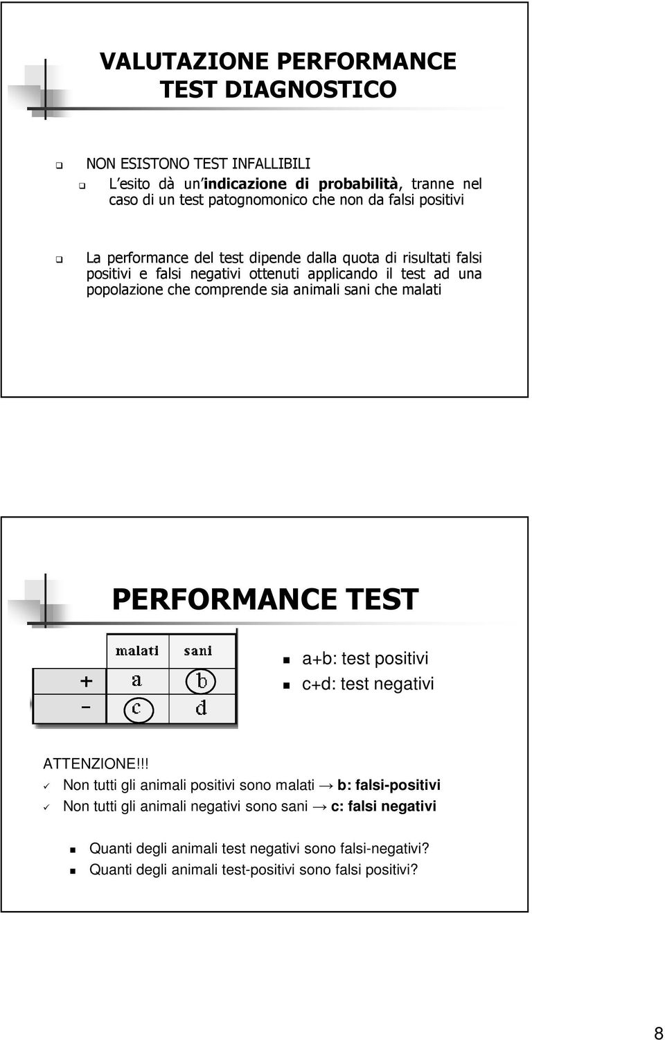 sia animali sani che malati PERFORMANCE TEST a+b: test positivi c+d: test negativi ATTENZIONE!