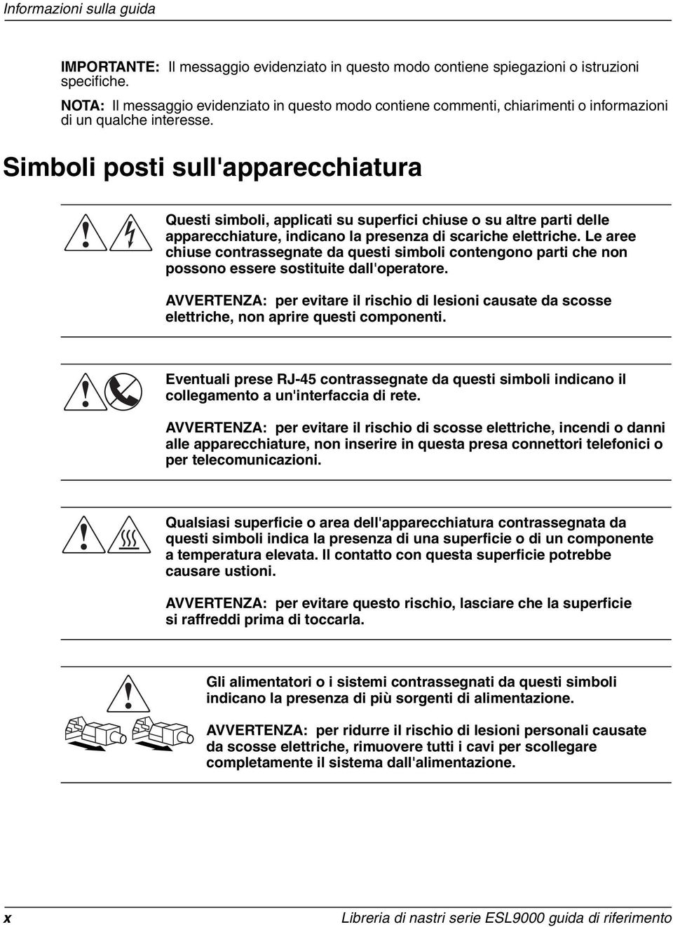 Simboli posti sull'apparecchiatura Questi simboli, applicati su superfici chiuse o su altre parti delle apparecchiature, indicano la presenza di scariche elettriche.