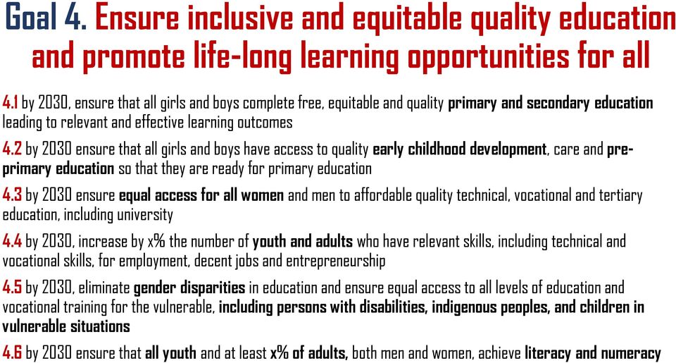 2 by 2030 ensure that all girls and boys have access to quality early childhood development, care and preprimary education so that they are ready for primary education 4.