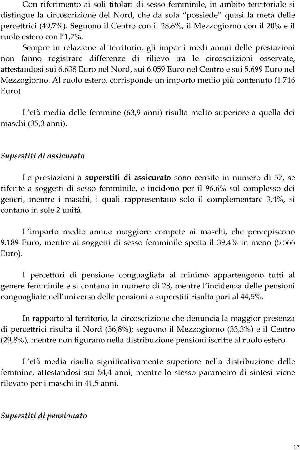 Sempre in relazione al territorio, gli importi medi annui delle prestazioni non fanno registrare differenze di rilievo tra le circoscrizioni osservate, attestandosi sui 6.638 Euro nel Nord, sui 6.