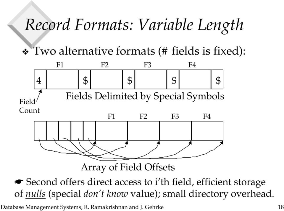 Second offers direct access to i th field, efficient storage of nulls (special don t know