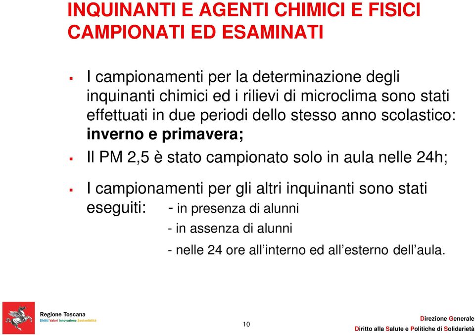 inverno e primavera; Il PM 2,5 è stato campionato solo in aula nelle 24h; I campionamenti per gli altri