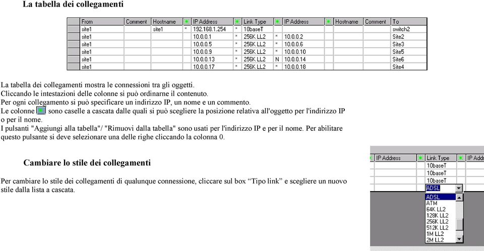 Le colonne sono caselle a cascata dalle quali si può scegliere la posizione relativa all'oggetto per l'indirizzo IP o per il nome.