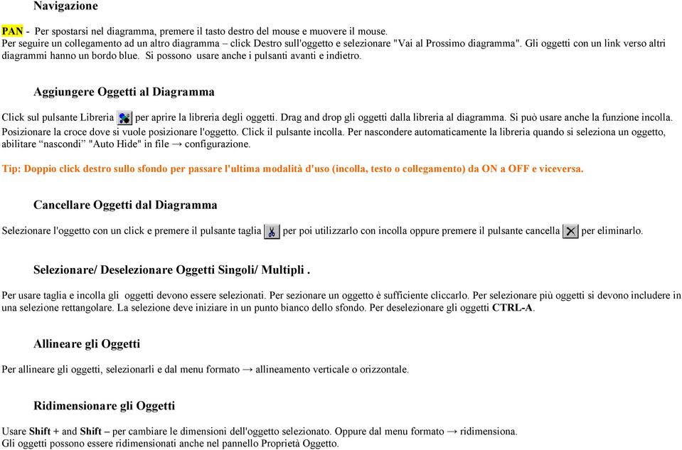 Si possono usare anche i pulsanti avanti e indietro. Aggiungere Oggetti al Diagramma Click sul pulsante Libreria per aprire la libreria degli oggetti.