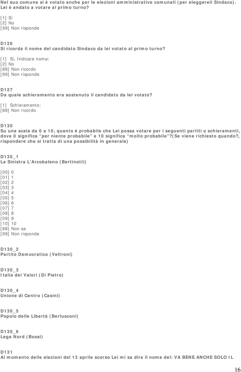 [1] Schieramento: [88] Non ricordo D130 Su una scala da 0 a 10, quanto è probabile che Lei possa votare per i seguenti partiti o schieramenti, dove 0 significa per niente probabile e 10 significa