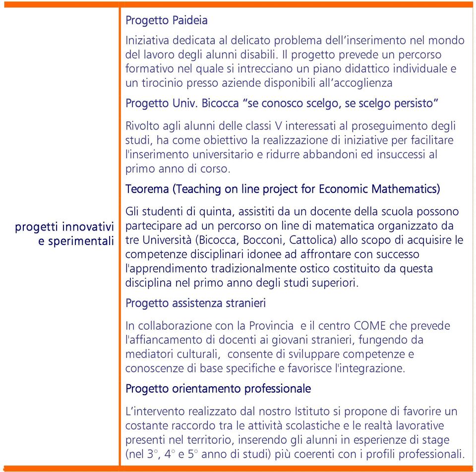 Bicocca se conosco scelgo, se scelgo persisto Rivolto agli alunni delle classi interessati al proseguimento degli studi, ha come obiettivo la realizzazione di iniziative per facilitare l'inserimento