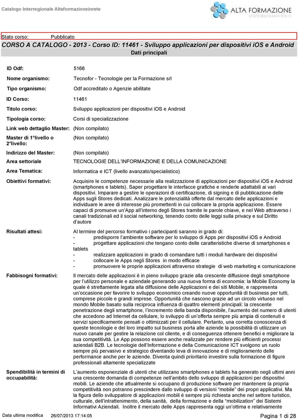 1 livello o 2 livello: Indirizzo del Master: Area settoriale Area Tematica: Obiettivi formativi: Risultati attesi: Fabbisogni formativi: Spendibilità in termini di occupabilità: Corsi di