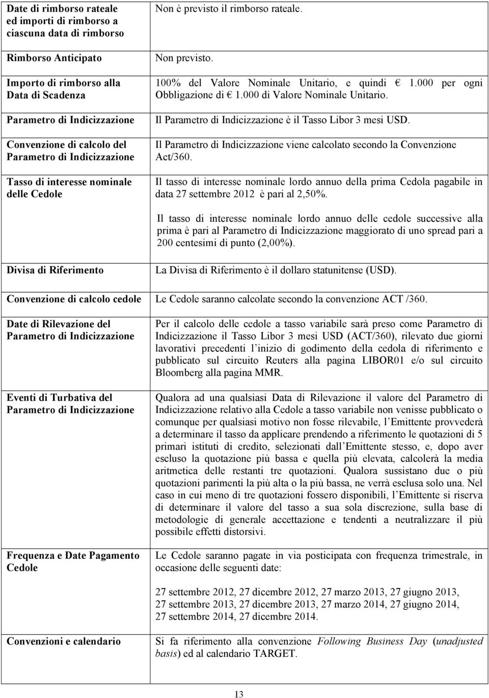 000 di Valore Nominale Unitario. Il Parametro di Indicizzazione è il Tasso Libor 3 mesi USD. Il Parametro di Indicizzazione viene calcolato secondo la Convenzione Act/360.