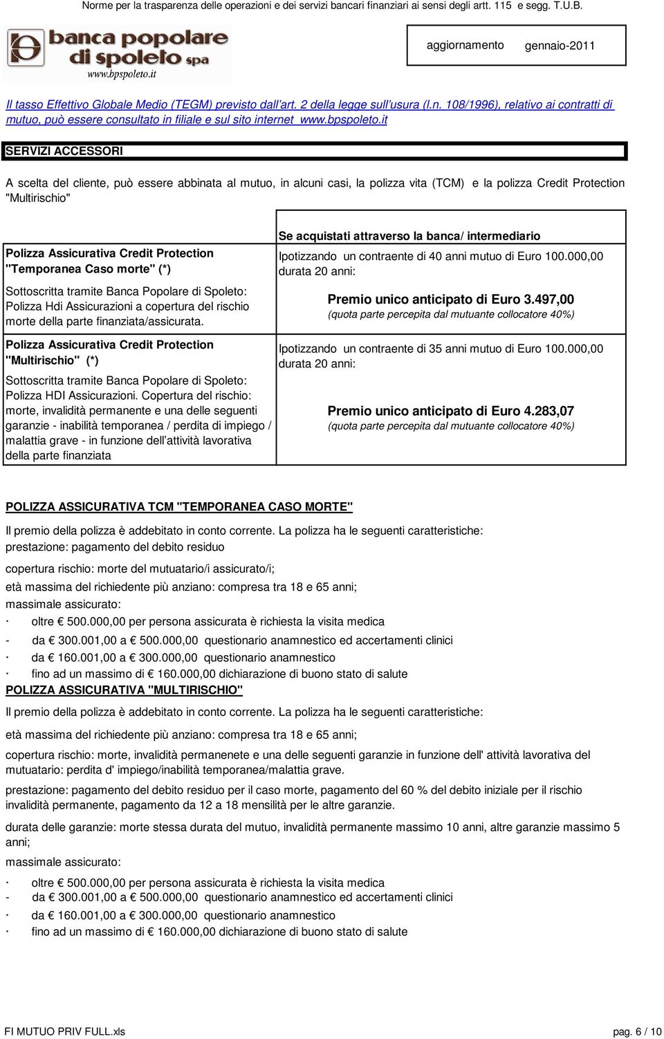 "Temporanea Caso morte" (*) Sottoscritta tramite Banca Popolare di Spoleto: Polizza Hdi Assicurazioni a copertura del rischio morte della parte finanziata/assicurata.