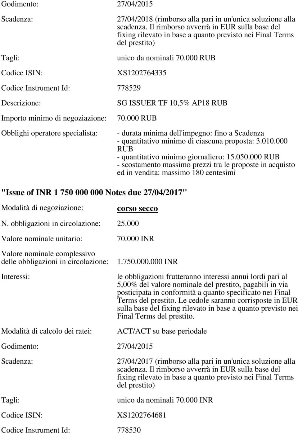 Il rimborso avverrà in EUR sulla base del fixing rilevato in base a quanto previsto nei Final Terms del prestito) unico da nominali 70.000 RUB XS1202764335 SG ISSUER TF 10,5% AP18 RUB 70.