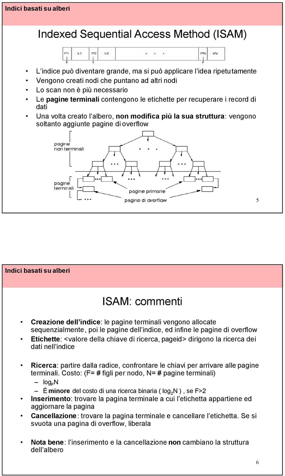 dell indice: le pagine terminali vengono allocate sequenzialmente, poi le pagine dell indice, ed infine le pagine di overflow Etichette: <valore della chiave di ricerca, pageid> dirigono la ricerca