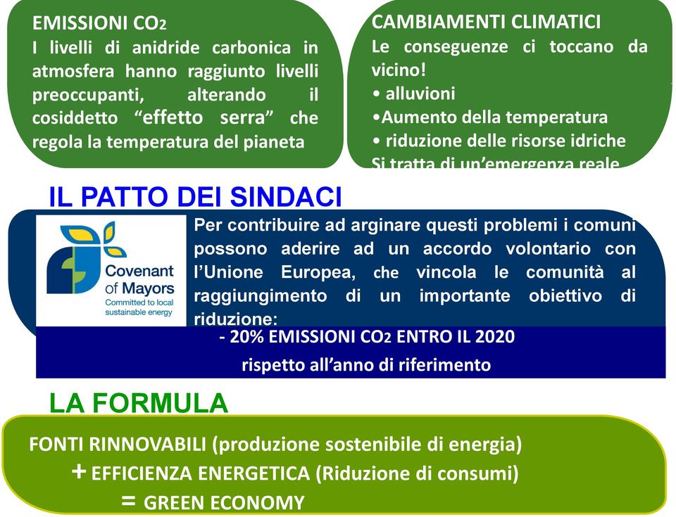 alluvioni Aumento della temperatura riduzione delle risorse idriche Si tratta di un emergenza reale Per contribuire ad arginare questi problemi i comuni possono aderire ad un accordo