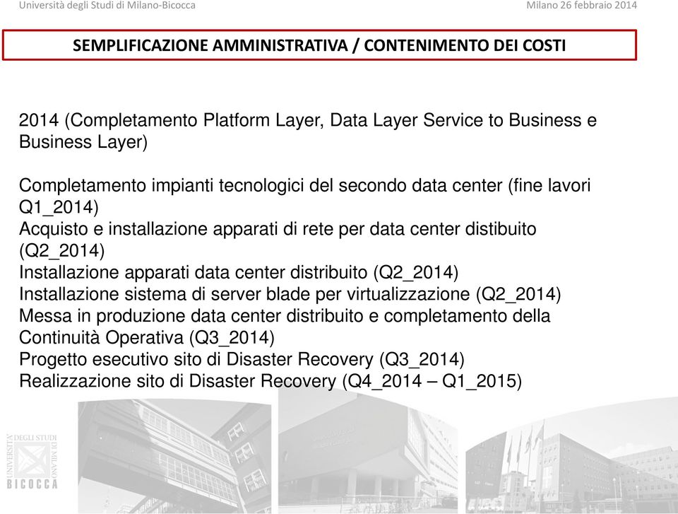 Installazione apparati data center distribuito (Q2_2014) Installazione sistema di server blade per virtualizzazione (Q2_2014) Messa in produzione data center