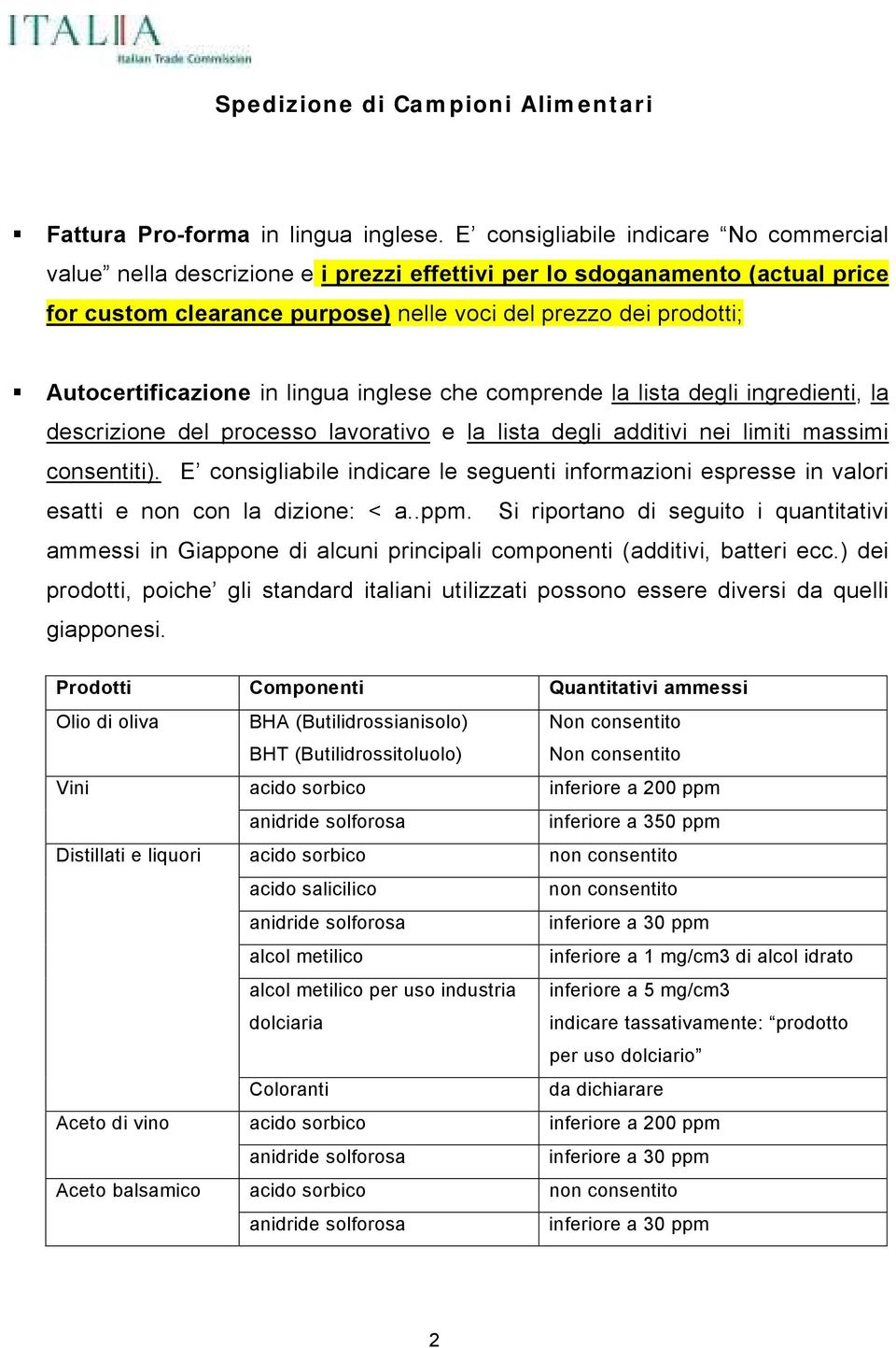 Autocertificazione in lingua inglese che comprende la lista degli ingredienti, la descrizione del processo lavorativo e la lista degli additivi nei limiti massimi consentiti).